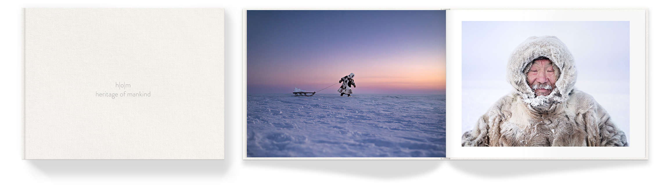 Landscape Photo Album with photo of eskimo pulling sled on icy snow floor