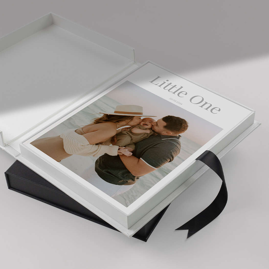 Open Metallic Pearl Buckram Presentation Box with Baby Magazine inside
