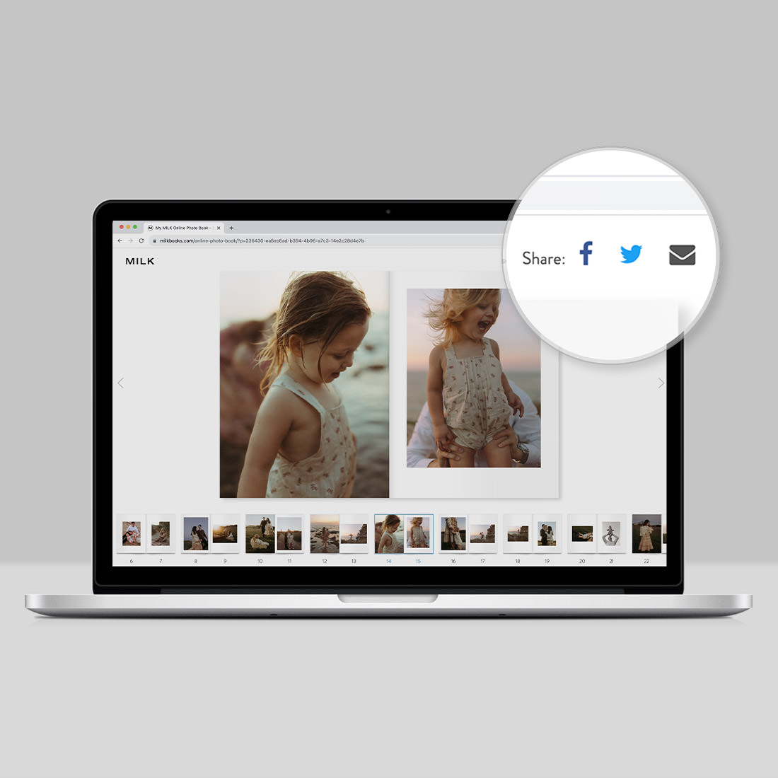 Online Photo Book on open laptop with sharing links highlighted on top right of screen