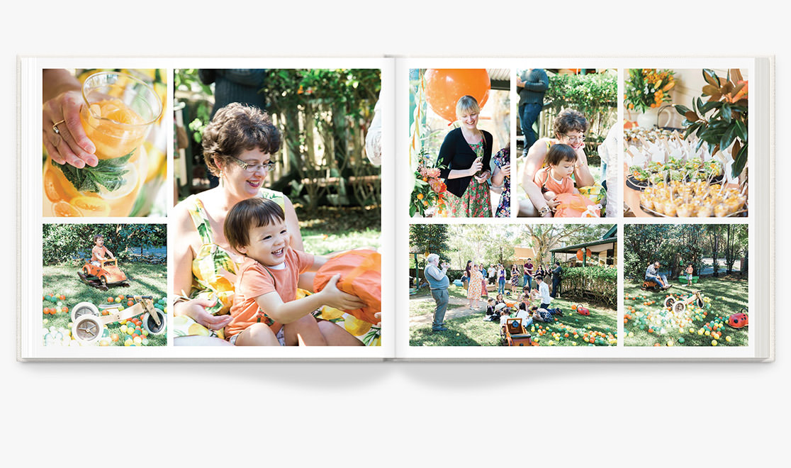 Open photo book of family celebrating orange themed birthday party for son in backyard all wearing shades of orange