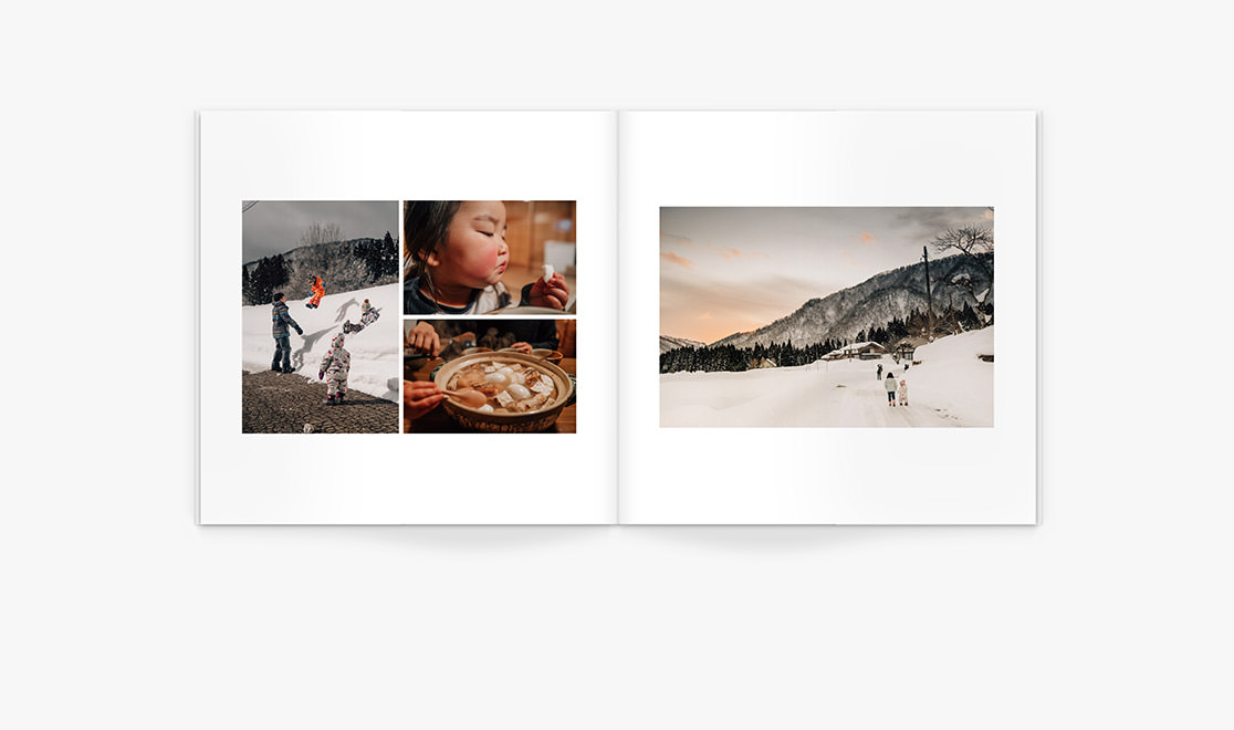 Open Square Premium Photo Book of Japanese children eating rice balls and playing in the snow during winter outside home