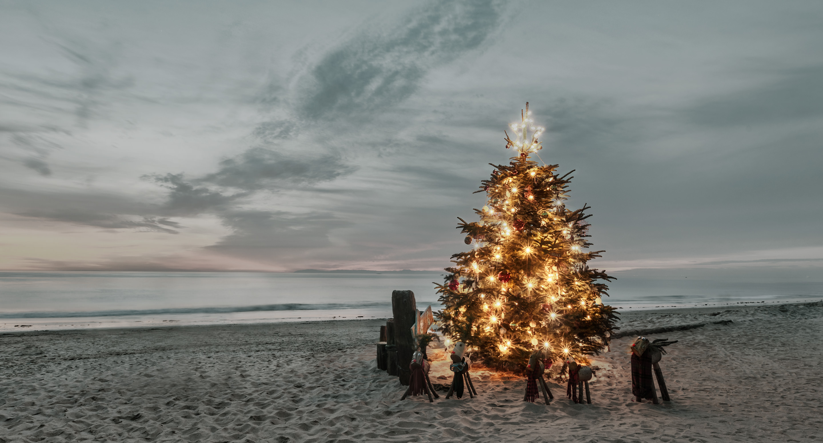 Weihnachtsbaum mit warmen Lichtern am Sandstrand in der Abenddämmerung.