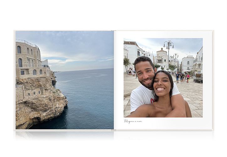 Couple traveling in Italy and France taking selfie and photos of the ocean