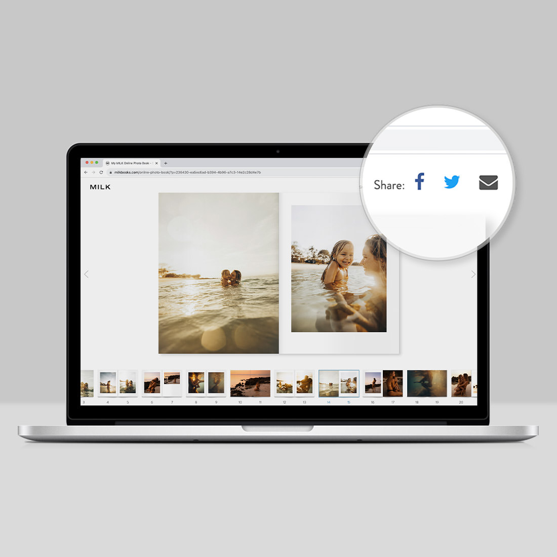 Online Photo Book on open laptop with sharing links highlighted on top right of screen