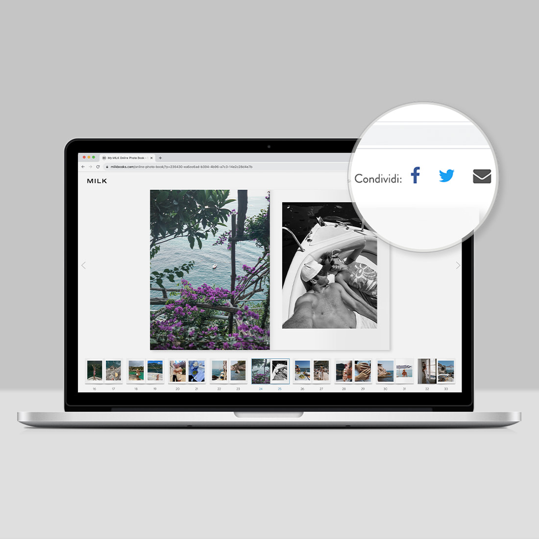 Álbum de fotos on-line em um laptop aberto com links de compartilhamento destacados no canto superior direito da tela