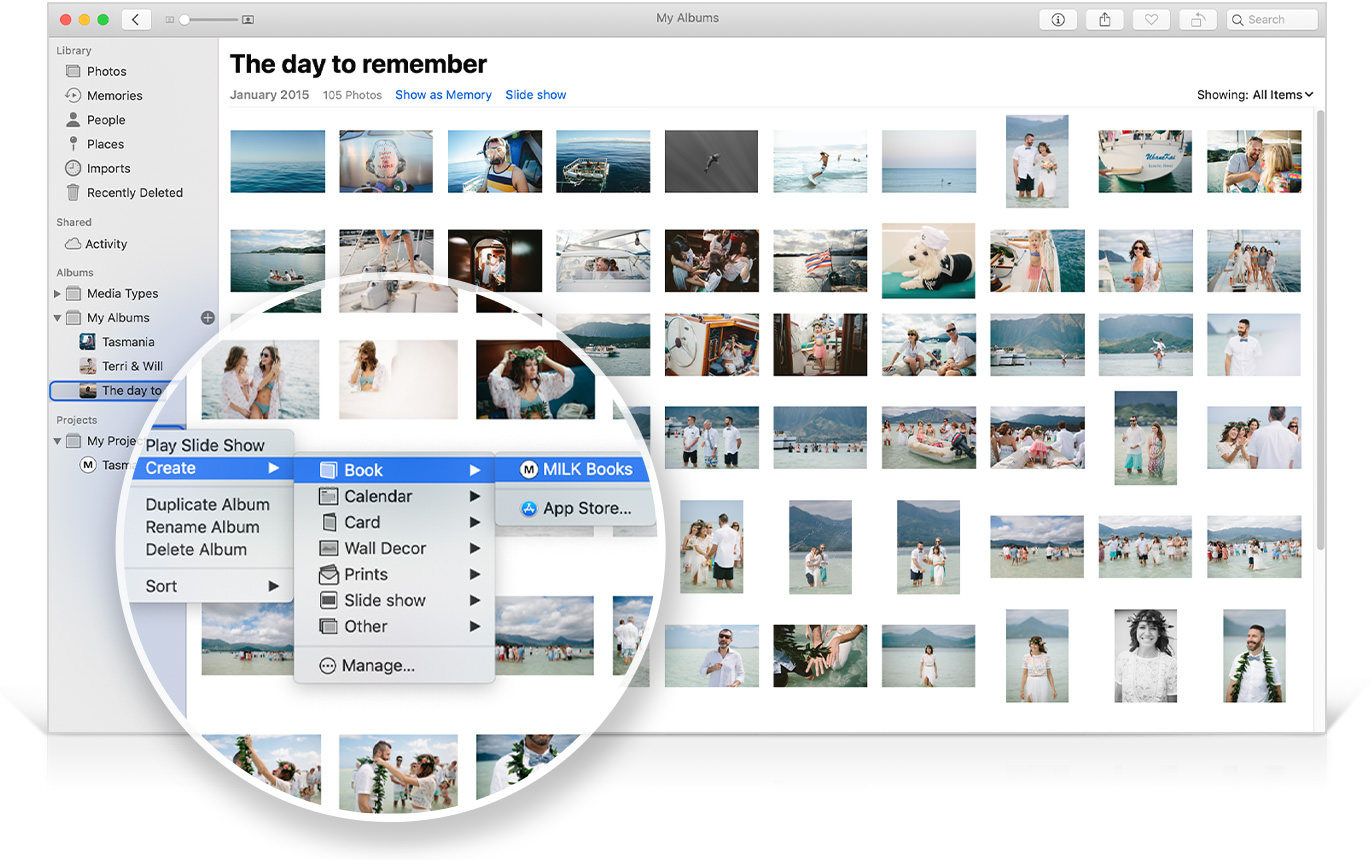 Screenshot of the Photos app on a Mac, including a zoomed in overlay image showing the path to open the MILK extension direct from Photos.