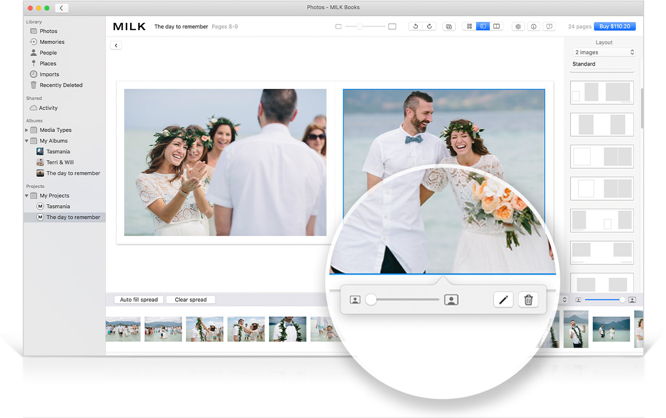 The MILK Mac Extension App in use, including a zoomed in overlay image of the image zoom and edit tools.