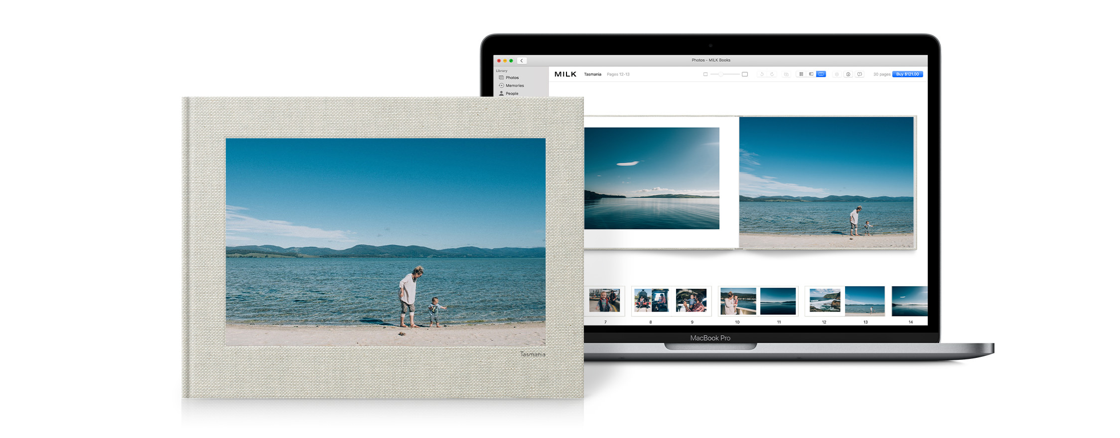 Macbook open to show the Project Extension for Apple Photos. Photo Book showing finished product