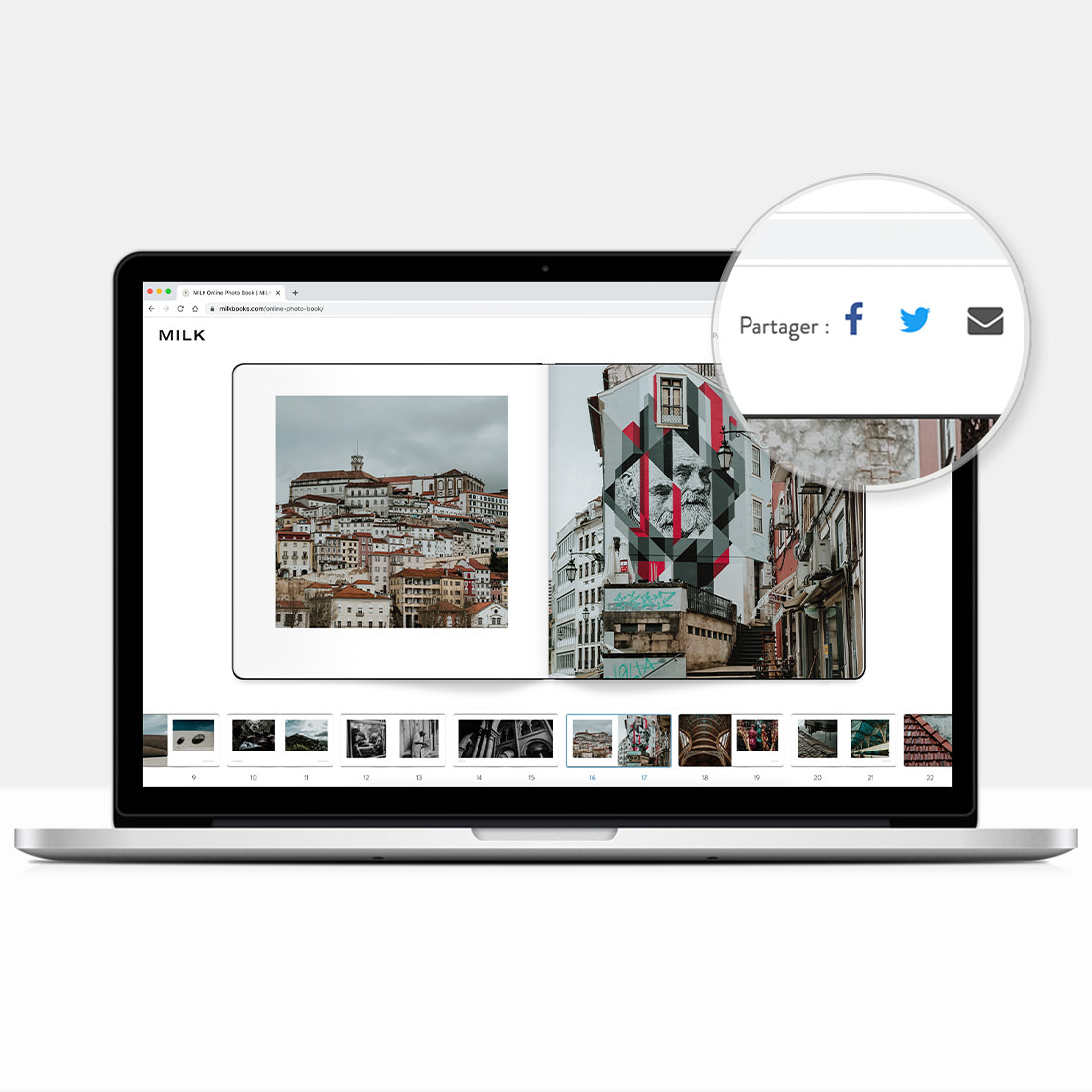 L'ordinateur portable pour afficher un aperçu du livre de photos en ligne de Moleskine.
