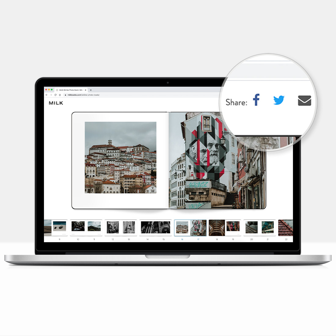Laptop open to show preview of online Moleskine Photo Book