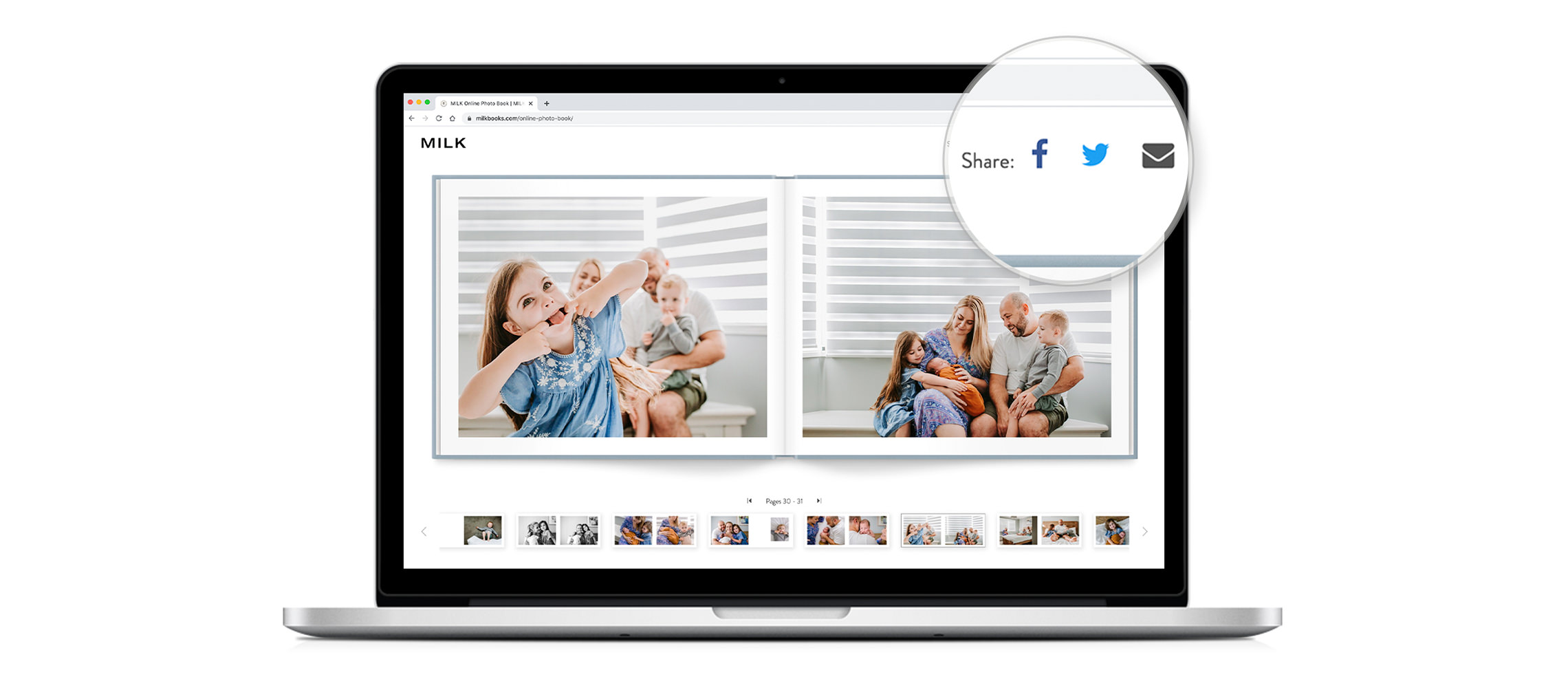 Open MacBook laptop with MILK Design Studio editing a family photo book online