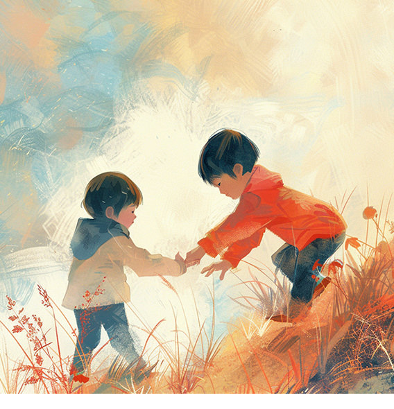 Illustration of two children helping each other up grassy hill