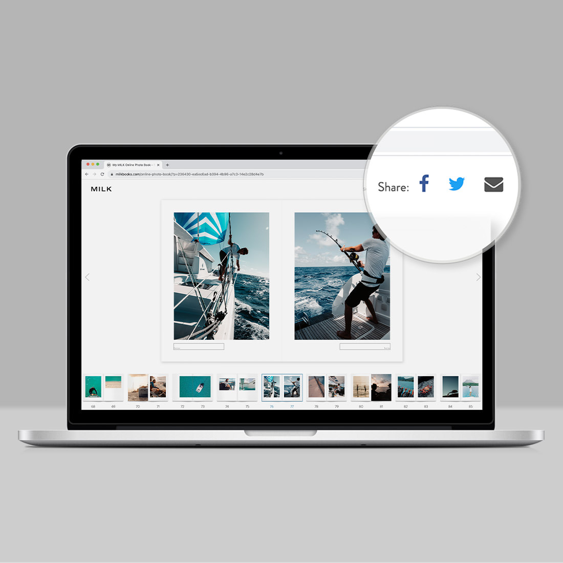 Online Photo Book on open laptop with sharing links highlighted on top right of screen